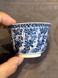 Five Chinese blue and white cups and saucers with floral design, Yu 玉 mark, Kangxi