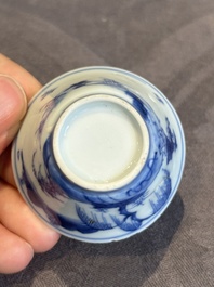 Seven Chinese blue, white and famille rose cups, six saucers and two English-decorated jarlets, Kangxi/Yongzheng