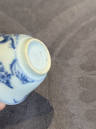Seven Chinese blue, white and famille rose cups, six saucers and two English-decorated jarlets, Kangxi/Yongzheng