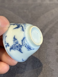 Seven Chinese blue, white and famille rose cups, six saucers and two English-decorated jarlets, Kangxi/Yongzheng
