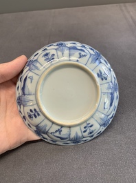 Twelve Chinese blue and white saucers and eight cups, Kangxi/Yongzheng