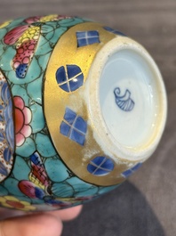 Seven Chinese blue, white and famille rose cups, six saucers and two English-decorated jarlets, Kangxi/Yongzheng