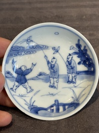 Seven Chinese blue, white and famille rose cups, six saucers and two English-decorated jarlets, Kangxi/Yongzheng