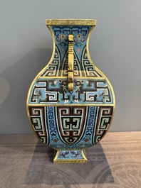 A Chinese cloisonn&eacute; square archaic-style vase, Qianlong and Ren mark, 19/20th C.