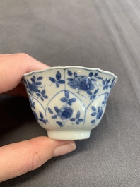Twelve Chinese blue and white saucers and eight cups, Kangxi/Yongzheng