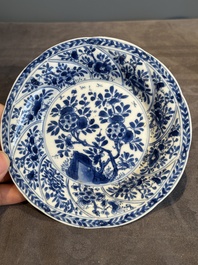 Five Chinese blue and white cups and saucers with floral design, Yu 玉 mark, Kangxi