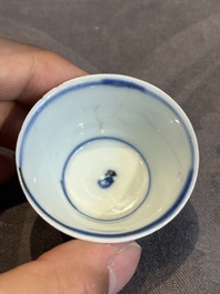 Seven Chinese blue, white and famille rose cups, six saucers and two English-decorated jarlets, Kangxi/Yongzheng