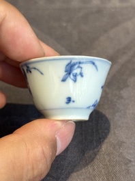 Seven Chinese blue, white and famille rose cups, six saucers and two English-decorated jarlets, Kangxi/Yongzheng
