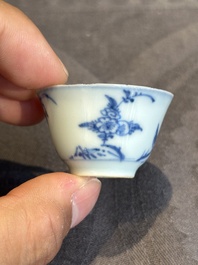 Seven Chinese blue, white and famille rose cups, six saucers and two English-decorated jarlets, Kangxi/Yongzheng
