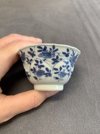 Twelve Chinese blue and white saucers and eight cups, Kangxi/Yongzheng