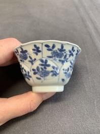 Twelve Chinese blue and white saucers and eight cups, Kangxi/Yongzheng