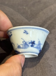 Seven Chinese blue, white and famille rose cups, six saucers and two English-decorated jarlets, Kangxi/Yongzheng