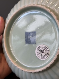 A Chinese celadon-glazed chrysanthemum-shaped plate, Qianlong mark, 20th C.