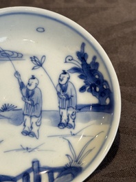 Seven Chinese blue, white and famille rose cups, six saucers and two English-decorated jarlets, Kangxi/Yongzheng