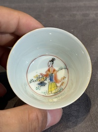 Seven Chinese blue, white and famille rose cups, six saucers and two English-decorated jarlets, Kangxi/Yongzheng