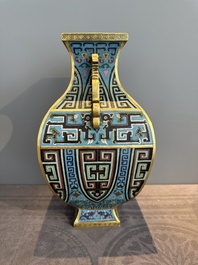 A Chinese cloisonn&eacute; square archaic-style vase, Qianlong and Ren mark, 19/20th C.