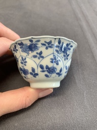 Twelve Chinese blue and white saucers and eight cups, Kangxi/Yongzheng