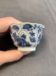 Twelve Chinese blue and white saucers and eight cups, Kangxi/Yongzheng