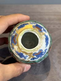 Seven Chinese blue, white and famille rose cups, six saucers and two English-decorated jarlets, Kangxi/Yongzheng