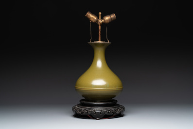 A Chinese monochrome teadust-glazed vase mounted as a lamp, 18/19th C.