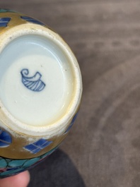 Seven Chinese blue, white and famille rose cups, six saucers and two English-decorated jarlets, Kangxi/Yongzheng