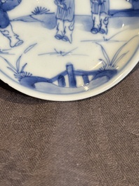 Seven Chinese blue, white and famille rose cups, six saucers and two English-decorated jarlets, Kangxi/Yongzheng