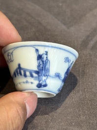 Seven Chinese blue, white and famille rose cups, six saucers and two English-decorated jarlets, Kangxi/Yongzheng