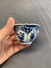 Twelve Chinese blue and white saucers and eight cups, Kangxi/Yongzheng