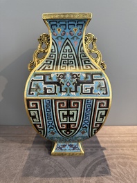 A Chinese cloisonn&eacute; square archaic-style vase, Qianlong and Ren mark, 19/20th C.