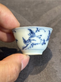 Seven Chinese blue, white and famille rose cups, six saucers and two English-decorated jarlets, Kangxi/Yongzheng