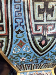 A Chinese cloisonn&eacute; square archaic-style vase, Qianlong and Ren mark, 19/20th C.