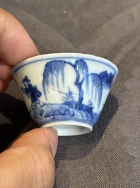 Seven Chinese blue, white and famille rose cups, six saucers and two English-decorated jarlets, Kangxi/Yongzheng