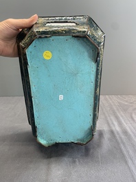 A Chinese Canton enamel gilt-decorated dark-green-ground jardini&egrave;re with four inserted plaques, Qianlong/Jiaqing