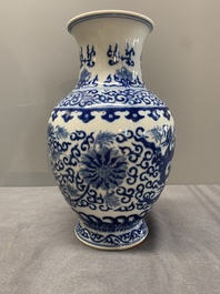 A Chinese blue and white 'phoenix and flower scroll' vase, Qianlong mark, 19th C.
