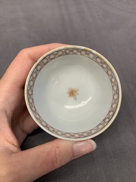 Three Chinese famille rose 'flowers and butterflies' cups and saucers, Yongzheng