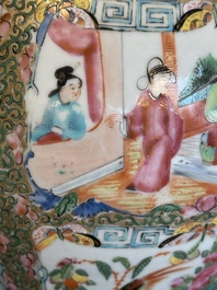 A pair of Chinese Canton famille rose vases with narrative design, 19th C.