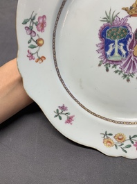 A Chinese famille rose armorial plate with the arms of Nauta Beuckens and Swalue accoll&eacute; for the Dutch market, Qianlong, ca. 1763
