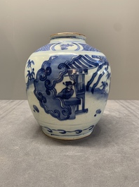A Chinese blue and white globular vase with figures in a landscape, hare mark, Wanli