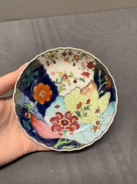 Five Chinese famille rose 'tobacco leaf' cups and saucers, Qianlong