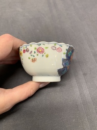 Five Chinese famille rose 'tobacco leaf' cups and saucers, Qianlong