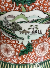 A Chinese famille verte 'mythical animal' vase and two Canton famille rose vases, 19th C.