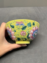 A Chinese famille rose yellow-ground 'peony' bowl, 20th C.