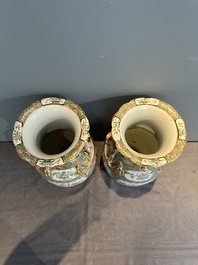 A Chinese famille verte 'mythical animal' vase and two Canton famille rose vases, 19th C.