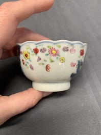 Five Chinese famille rose 'tobacco leaf' cups and saucers, Qianlong