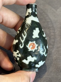 Four Chinese famille rose and verte snuff bottles, Qianlong and Tongzhi mark, 19th C.