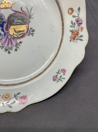 A Chinese famille rose armorial plate with the arms of Nauta Beuckens and Swalue accoll&eacute; for the Dutch market, Qianlong, ca. 1763