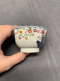 Five Chinese famille rose 'tobacco leaf' cups and saucers, Qianlong