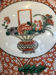 A Chinese famille verte 'mythical animal' vase and two Canton famille rose vases, 19th C.