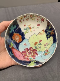 Five Chinese famille rose 'tobacco leaf' cups and saucers, Qianlong
