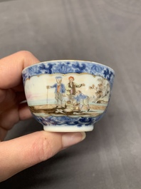 A Chinese export famille rose cup and saucer with a herring merchant, Qianlong